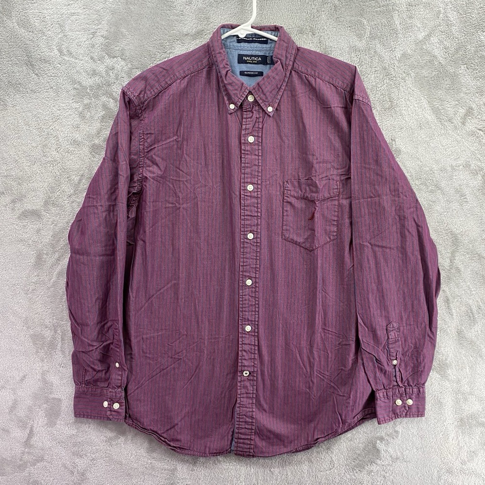 Nautica Mens Large Button Down Shirt Red Cotton Classic Fit Long Sleeve Casual